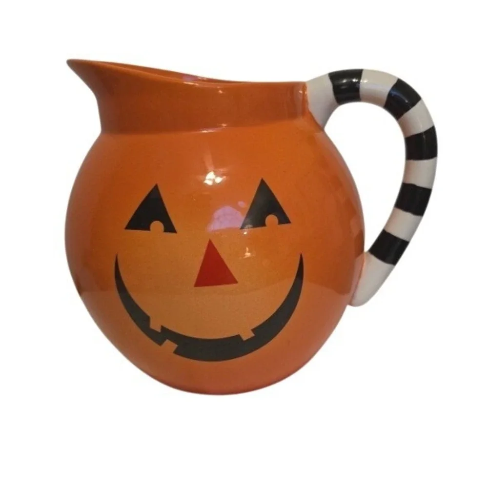 Hallmark Halloween Pumpkin‎ Pitcher Jack O Lantern Striped Handle Ceramic Orange